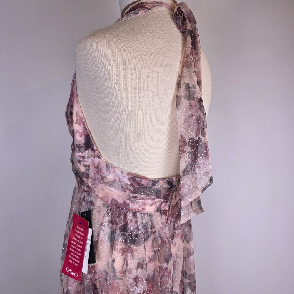 NEW City Vibe Maxi Dress 11 Pink Floral Halter Plunge Neck Glitter Sparkle Tulle - Picture 4 of 11